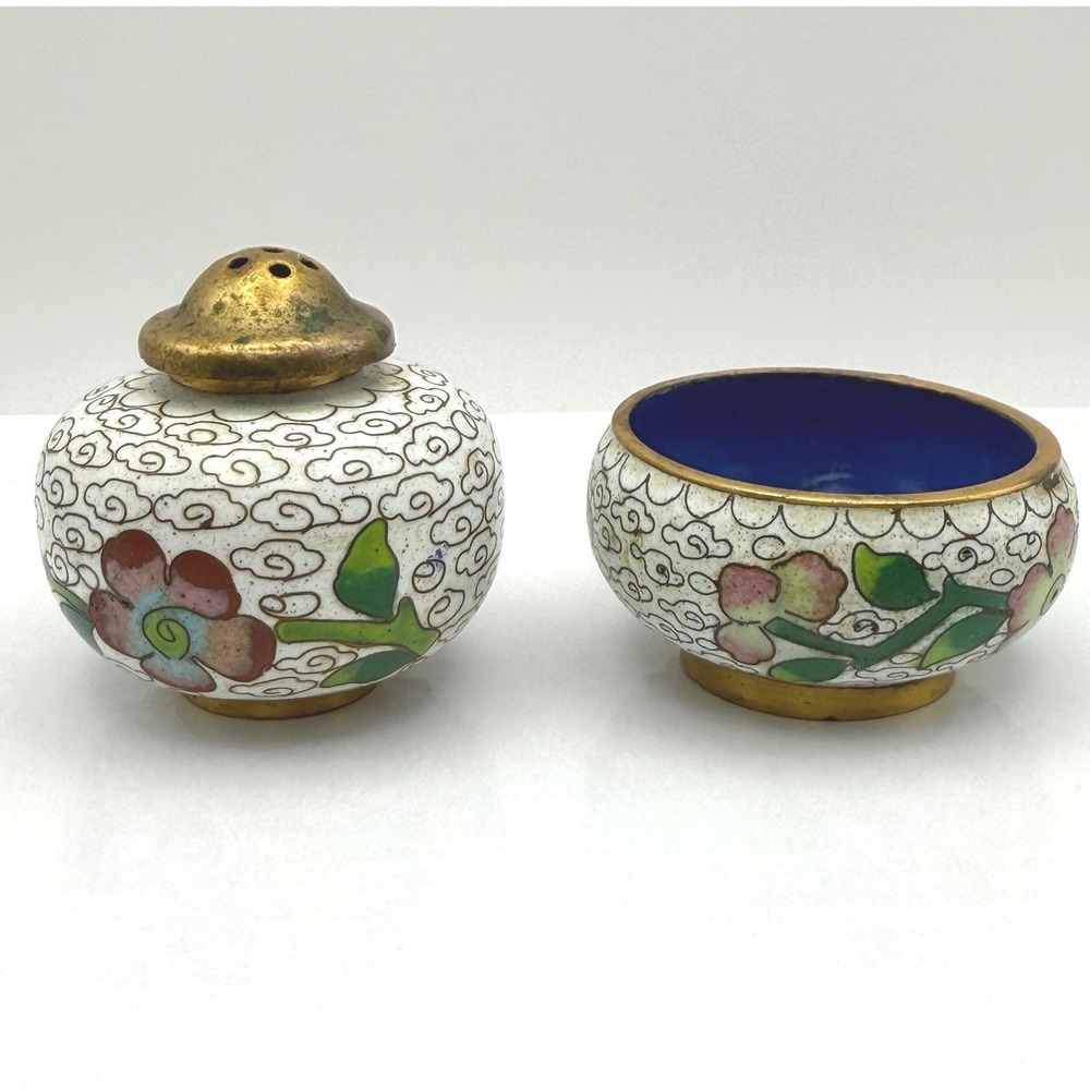 Vintage Chinese Cloisonne Enamel Salt Cellar Pepper Shaker Set Floral Gold